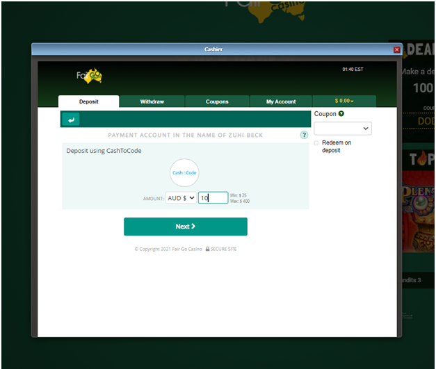 Fair go casino - Cash to code deposits